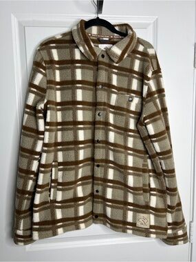 rabbit Plaid Fleece Shacket Brown White Snap Button Up Jacket Large